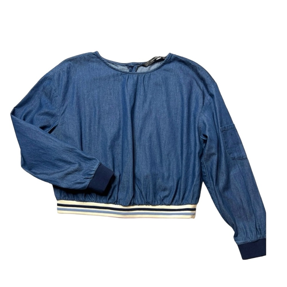 ZARA Trafaluc denimwear Denim Long Sleeve Back Buttons Cropped Top Sz M - Picture 12 of 12